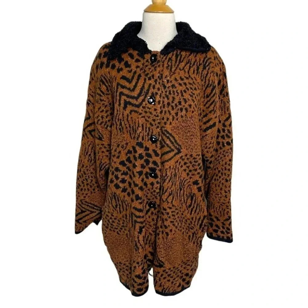 Vintage AWINA M brown‎ black animal print sweater coat metallic threads y2k